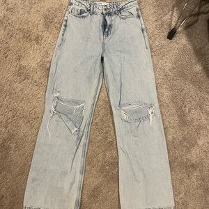 Zara Blue Straight Leg Jeans with Distressed Details